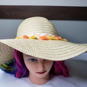 Womens Big Floppy Straw Sun Hat Sunhat with Orange Yellow Tassels Cute Beach